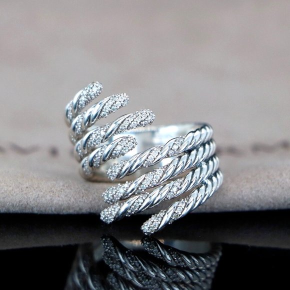 David Yurman Jewelry - David Yurman Sterling Silver Pave Diamond 4 Row Willow Cocktail Ring Band 6